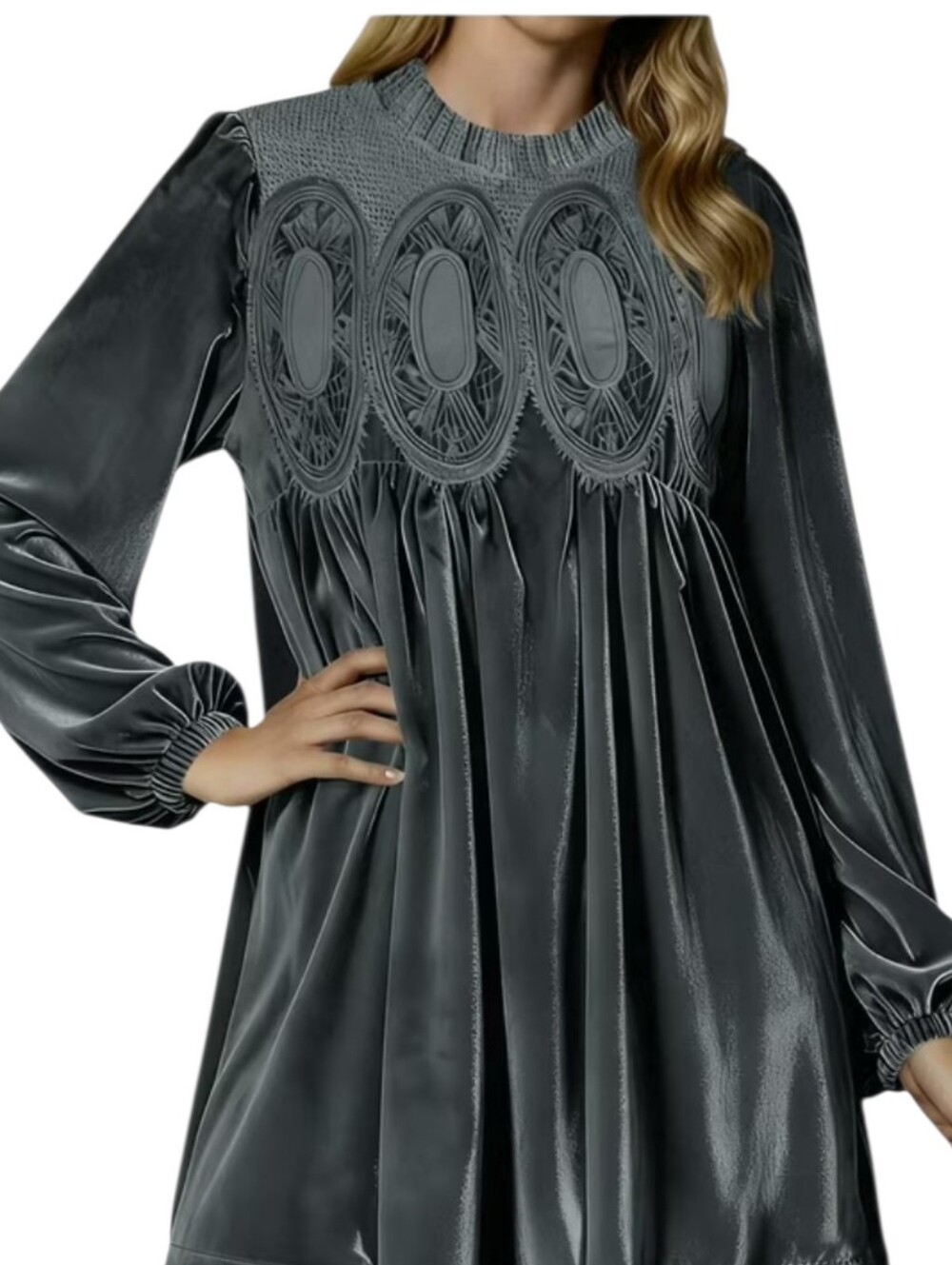 Brown Stretch Velvet Lace Yoke Mini Dress Medium - Picture 2 of 9